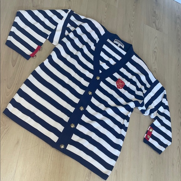 Sweaters - Navy and White Striped Women's Cardigan with Gold Accents